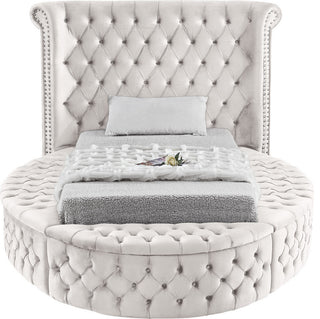 Luxus Button Tufted Velvet Round Bed, Cream, Twin