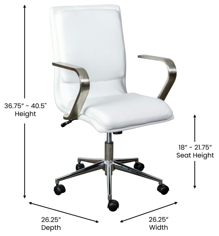 James Mid-Back Executive Upholstered Office Chair with Arms, White/Chrome