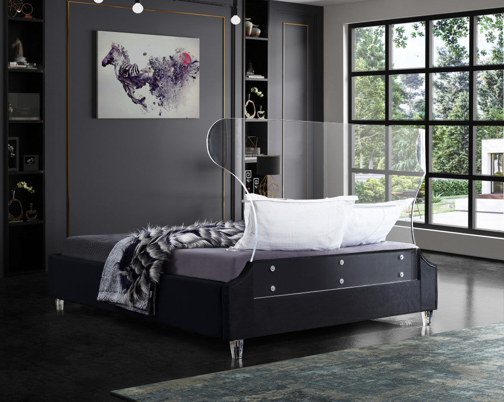 Ghost Velvet Upholstered Bed, Black, Queen