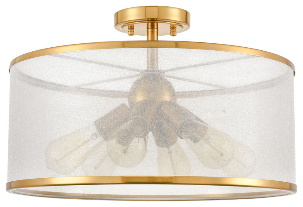 Modern Drum Organza Semi Flush Ceiling Light Gold 6-Light Chandelier