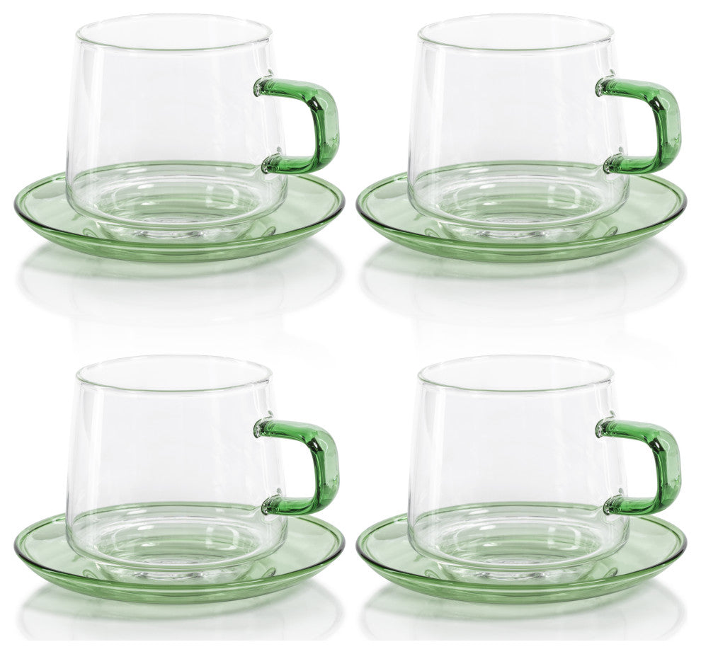 Bergamo Glass Tea and Coffee Cups and Saucers, Set of 4, Green