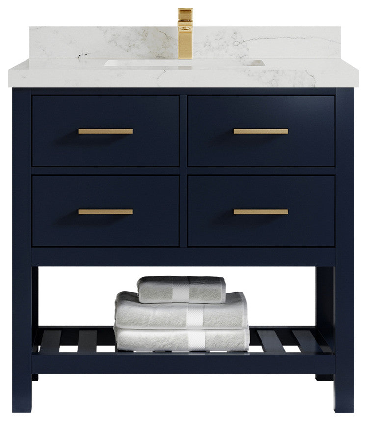 Parker 36 Single Sink Bath Vanity in Navy Blue  2" Calacatta Nuvo