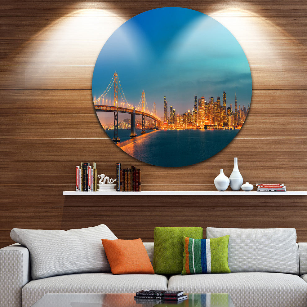 San Francisco Skyline At Night, Cityscape Disc Metal Wall Art, 11"