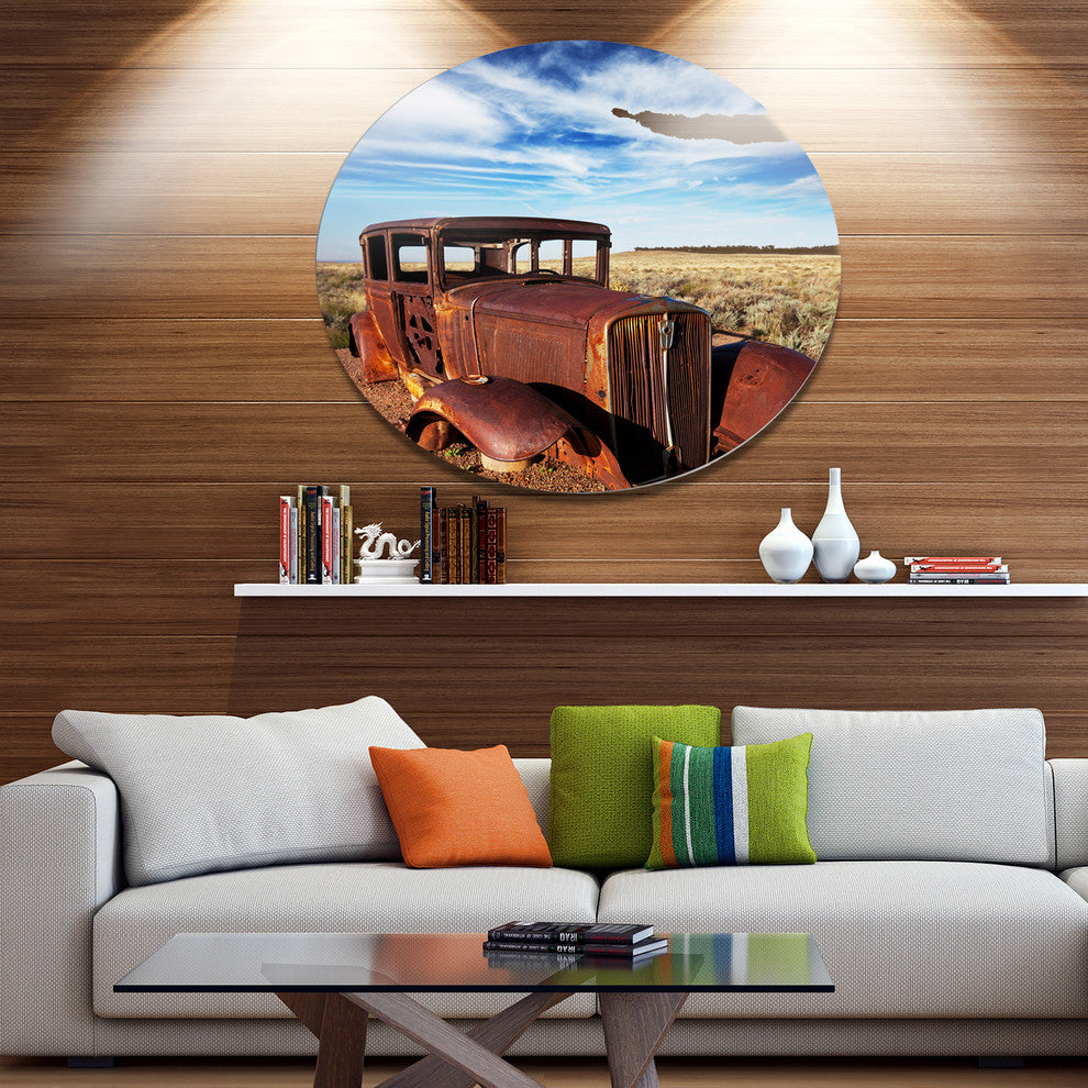 Vintage Car Under Bright Blue Sky, Large Disc Metal Wall Art, 23"
