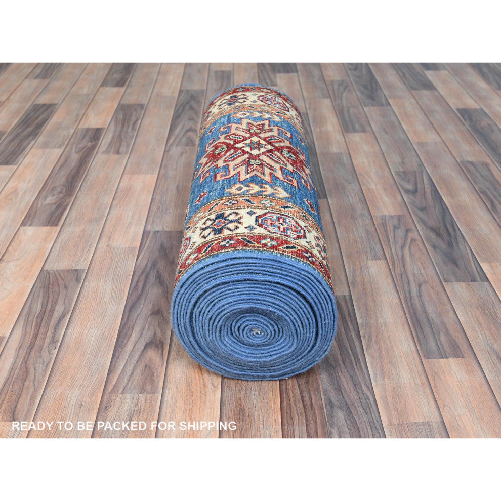 Denim Blue Afghan Super Kazak Natural Wool Hand Knotted XL Runner Rug 2'6"x33'5"