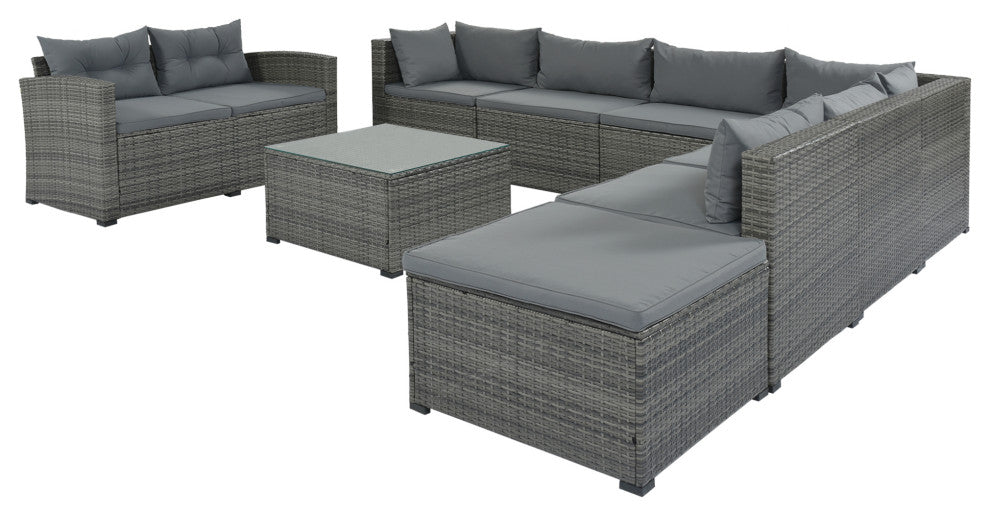 9 Pieces Outdoor Large Wicker Reversible Patio Sectional with Table and Cushions