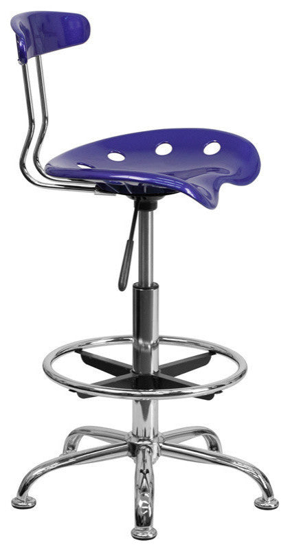 Vibrant Deep Blue and Chrome Drafting Stool With Tractor Seat
