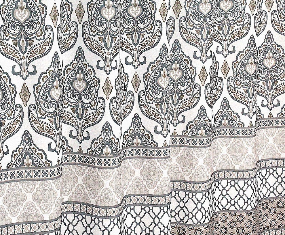 Charcoal Grey Tan White Fabric Shower Curtain: Floral Damask Geometric Border