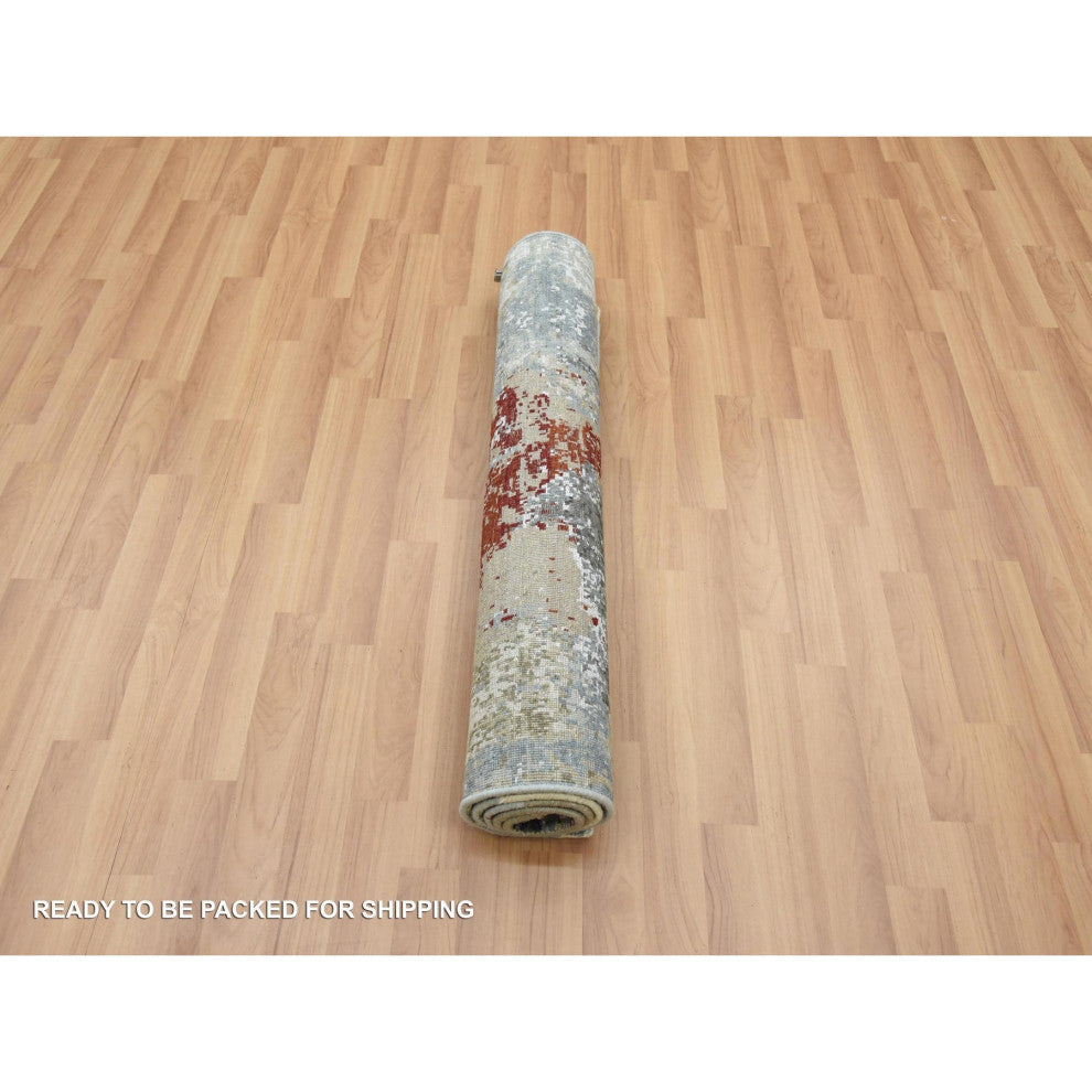 Blue Gray, Hand Knotted Abstract Design, Pure Wool Oriental Rug, 3'0"x5'2"