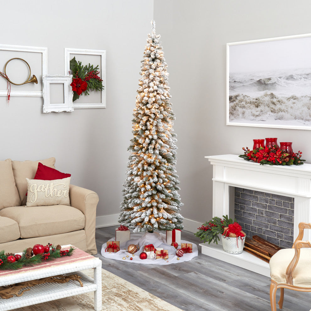 8' Flocked Pencil Faux Xmas Tree With 500 Clear Lights and 646 Bendable Branches