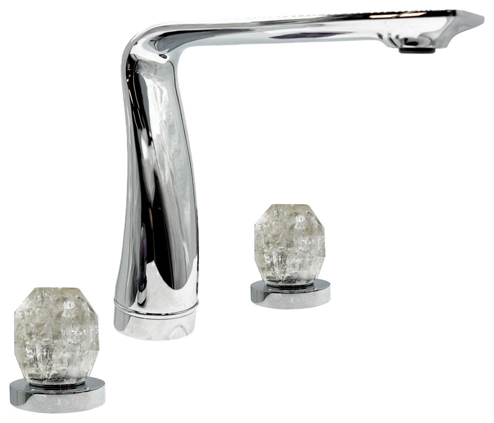 CastelloUSA Widespread 3 Hole, Bath Faucet, 2-White Rock Crystal Handles, Chrome