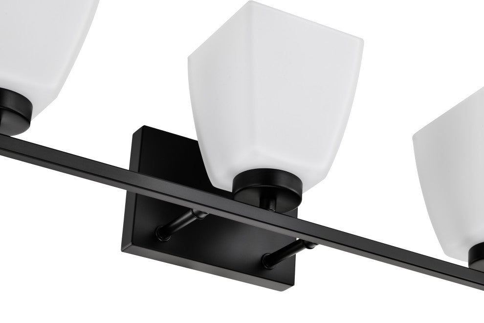 22 in. 3-Light Matte Black Vanity Light With Square Etched White Glass Shades
