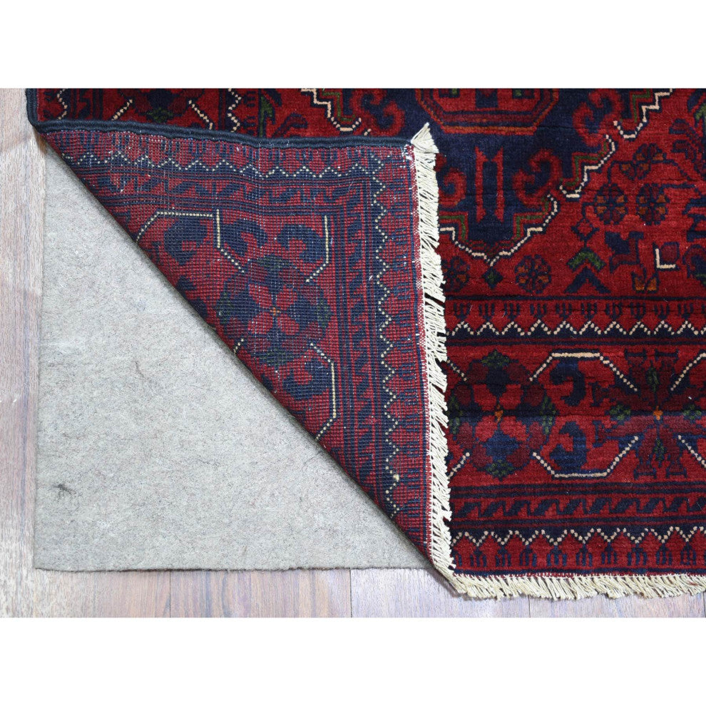 Red Afghan Khamyab Pure Wool Tribal Design Hand Knotted Runner Rug, 2'8"x12'9"
