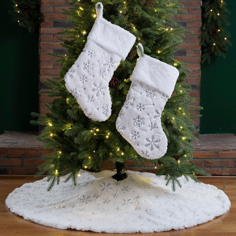 Set of 3 2 White Plush With Snowflake Christmas Stockings, A Tree Skirt
