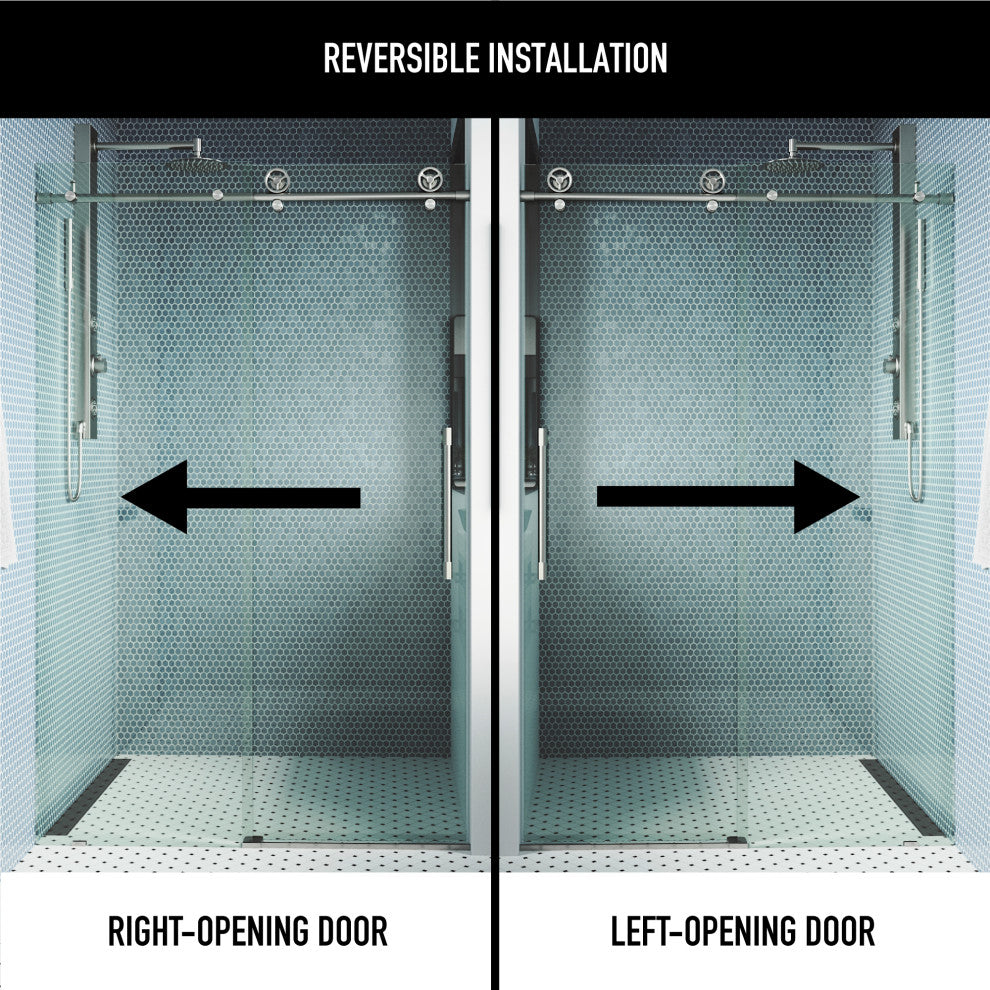 VIGO Elan Cass Aerodynamic 44" to 48" W x 76" H Frameless Sliding Shower Door, Stainless Steel, Clear Glass
