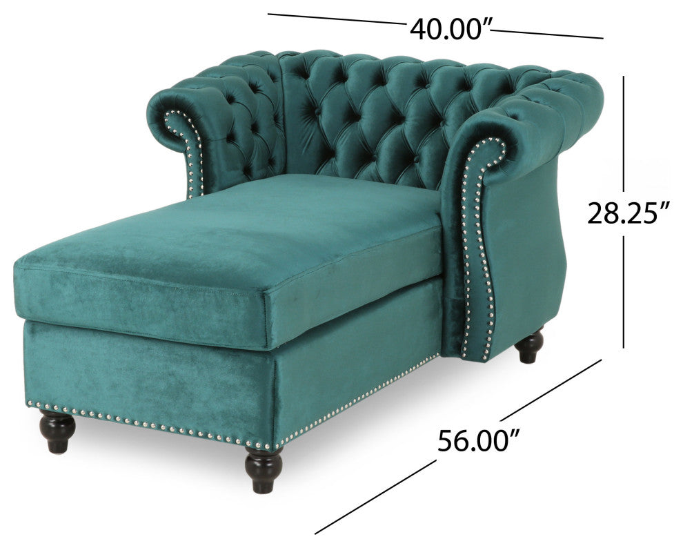 Phyllis Modern Glam Chesterfield Chaise Lounge, Teal, Dark Brown