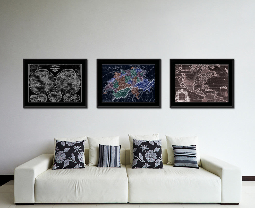 Switzerland Vivid Map Print On Canvas With Black Custom Frame, 16" X 21"