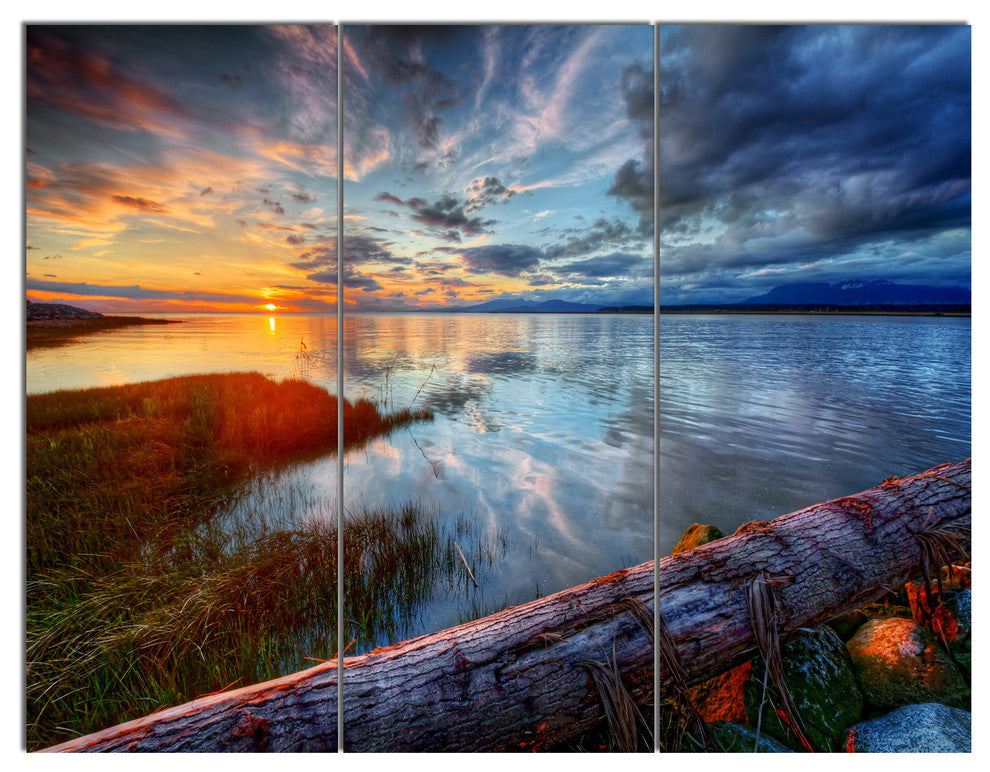 Colorful River Sunset With Log, Seashore Triptych Canvas Print, 36x28, 3 Panels