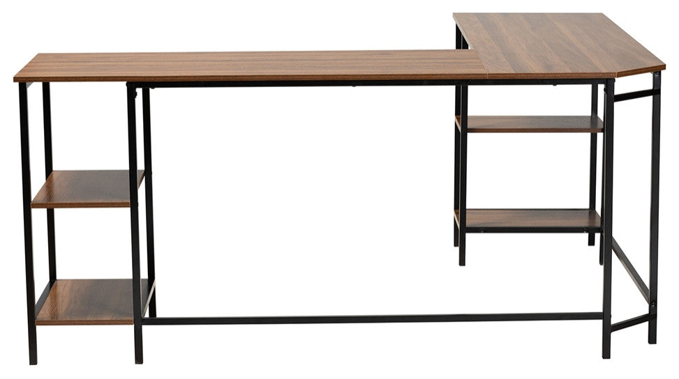 Modern Walnut Brown Finished Black Metal L-Shaped Corner Desk With Shelves