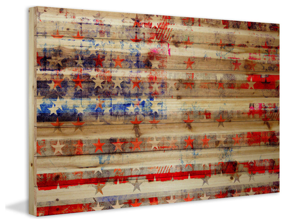 "Stars and Stripes" Print on Natural Pine Wood, 36"x24"