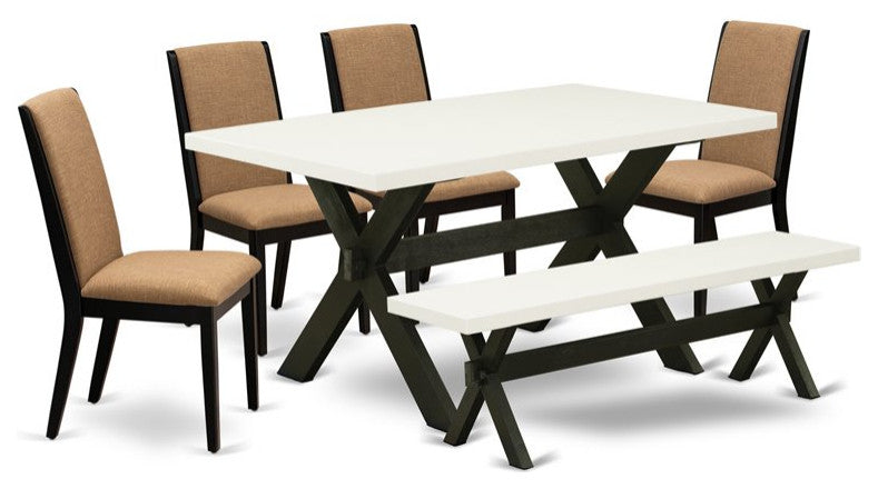 6-Piece Set Table Top and Kitchen Bench and 4 Chairs, Black