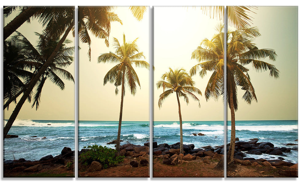 Rocky Tropical Beach with Palms, Seashore Canvas Art Print, 48"x28", 4 Panels