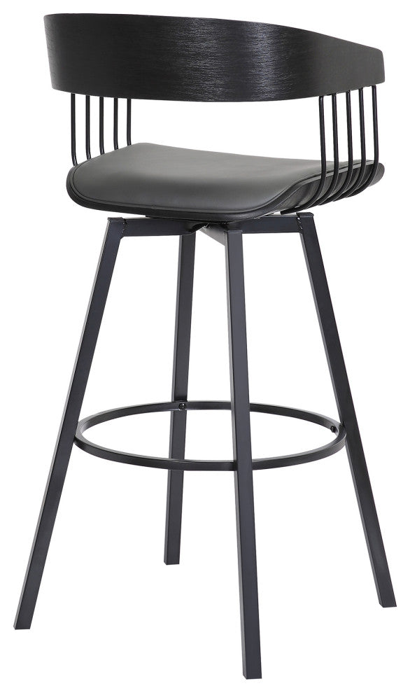 Athena 27" Swivel Black Wood Counter Stool in Gray Faux Leather with Black Metal, 31
