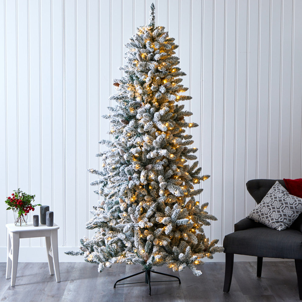 7.5ï¿½ Flocked Livingston Fir Christmas Tree/ Pine Cones/500 Clear Warm LED Lights