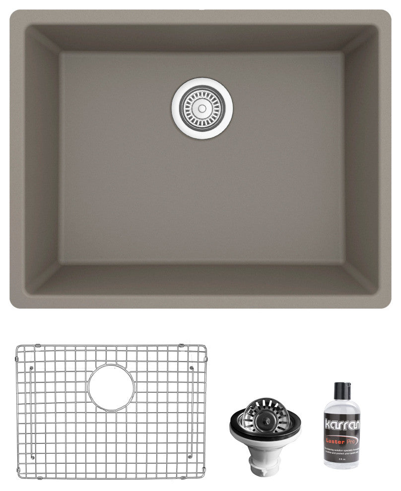 Karran QU-820 Undermount 24.38, Single Bowl Quartz Sink Kit, Concrete