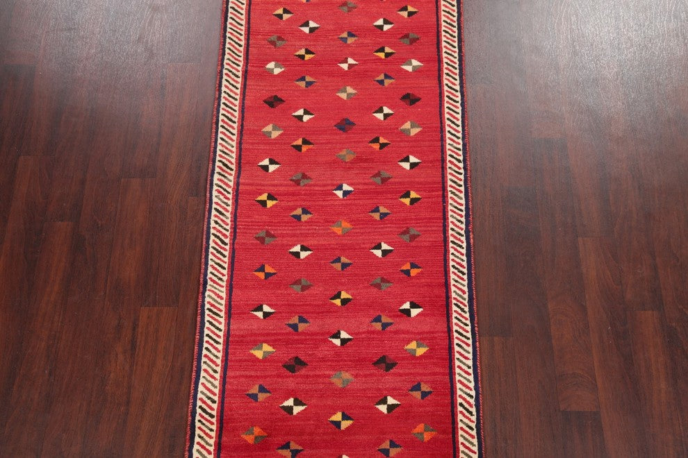 Consigned, Persian Gabbeh Wool Hand-Knotted Oriental Runner Rug, Red, 8'5"X3'2"