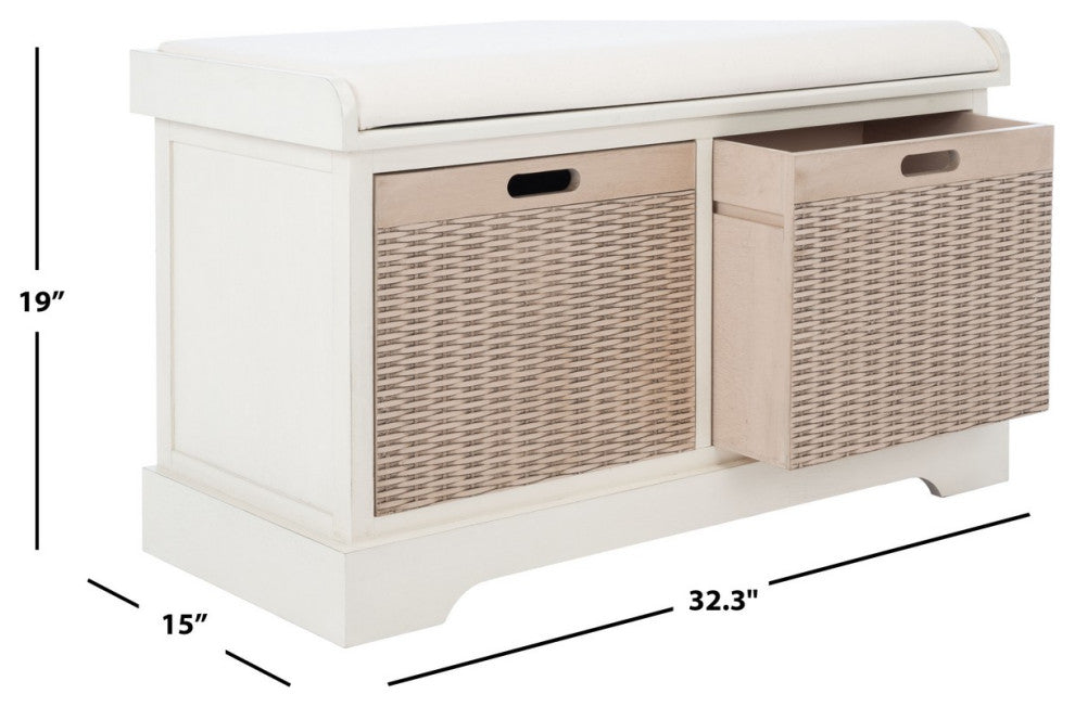 Safavieh Landers 2 Drawer Cushion Bench, Distressed White
