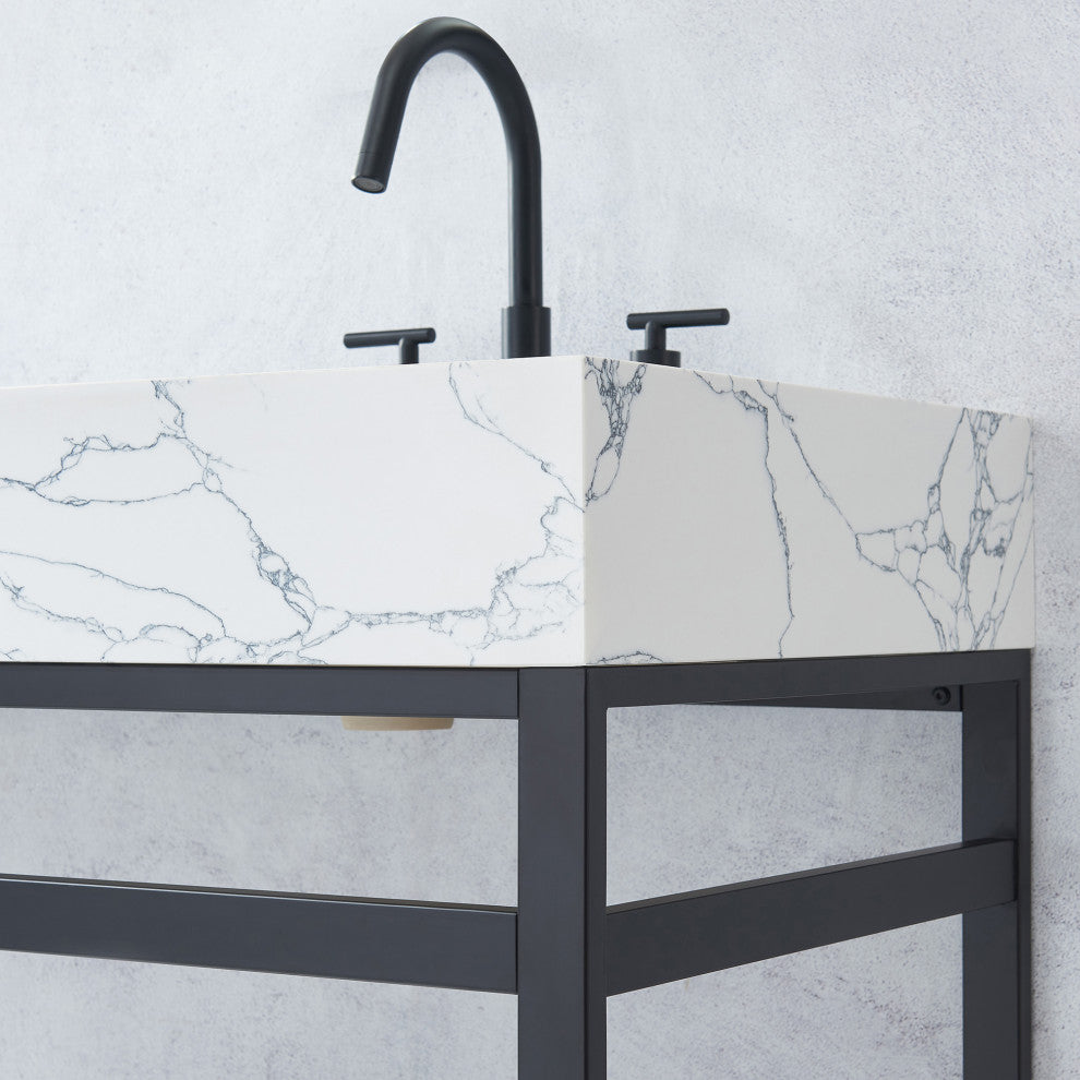 Ecija Bath Vanity, Metal Support with Stone Top, Matte Black, 60 in. Double Sink, No Mirror