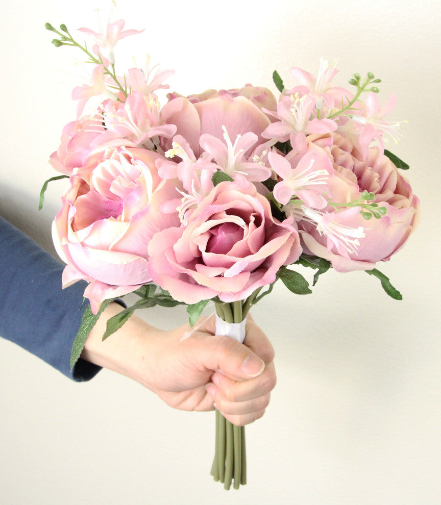 10 Stems Faux English Rose and Rose Bud Bouquet, Mauve