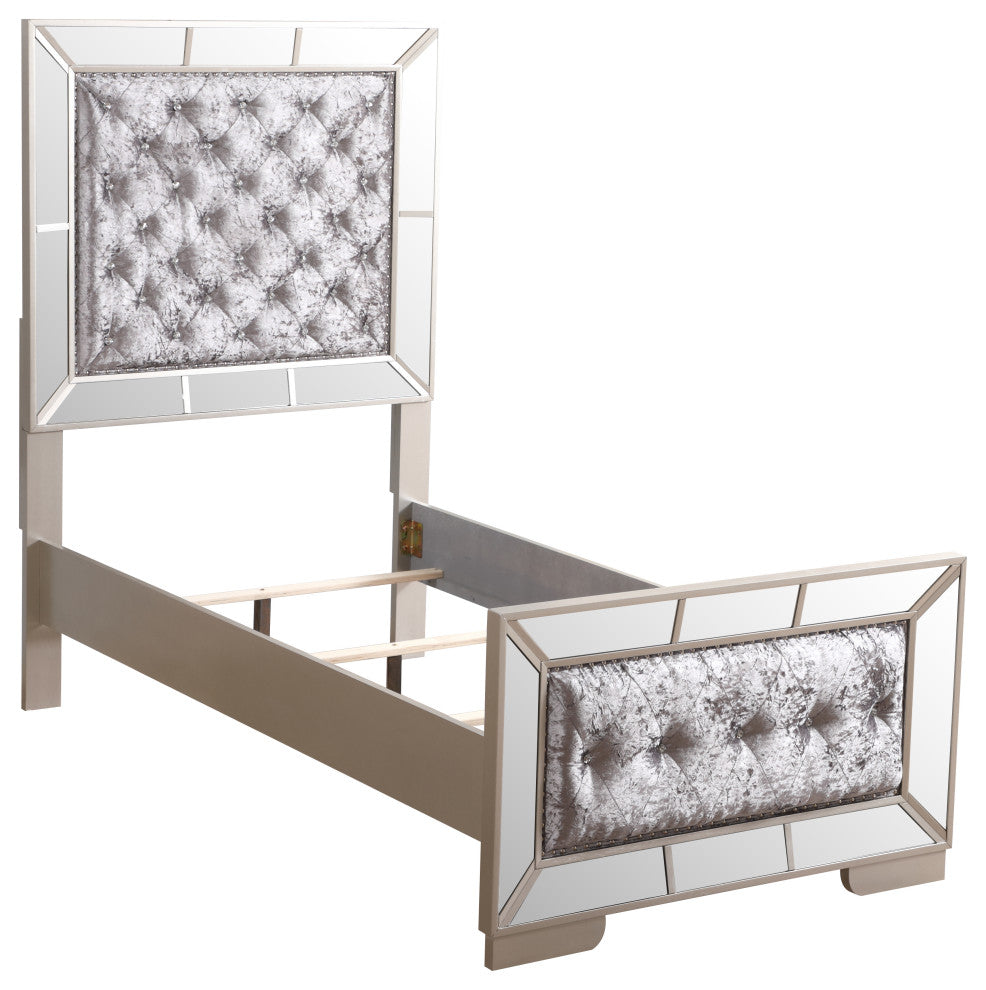 Galera Tufted and Mirrored Bed, Gray, Twin