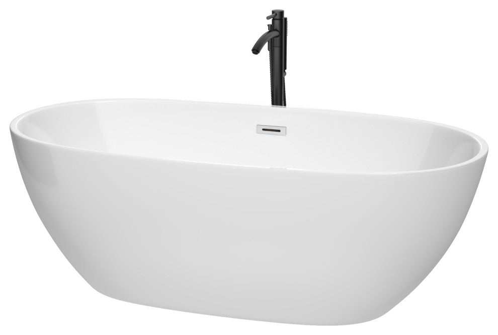Juno Freestanding Bathtub, Polished Chrome Trim, 67", Faucet in Matte Black