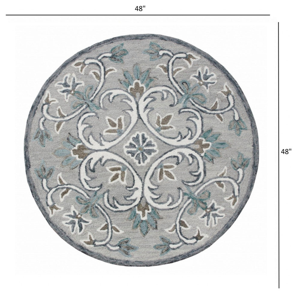 4" Round Gray and White Filigree Area Rug