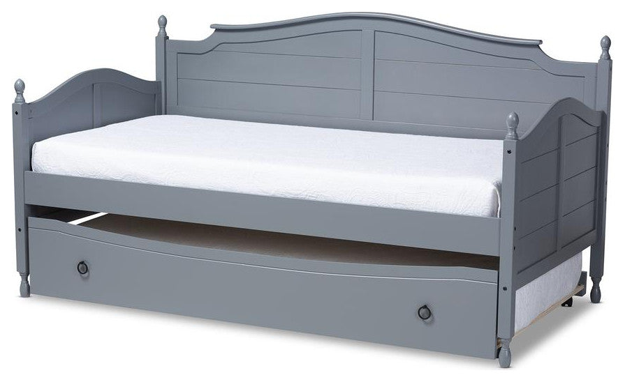 Mara Cottage Farmhouse Gray Wood Twin Size Daybed With Roll-Out Trundle Bed