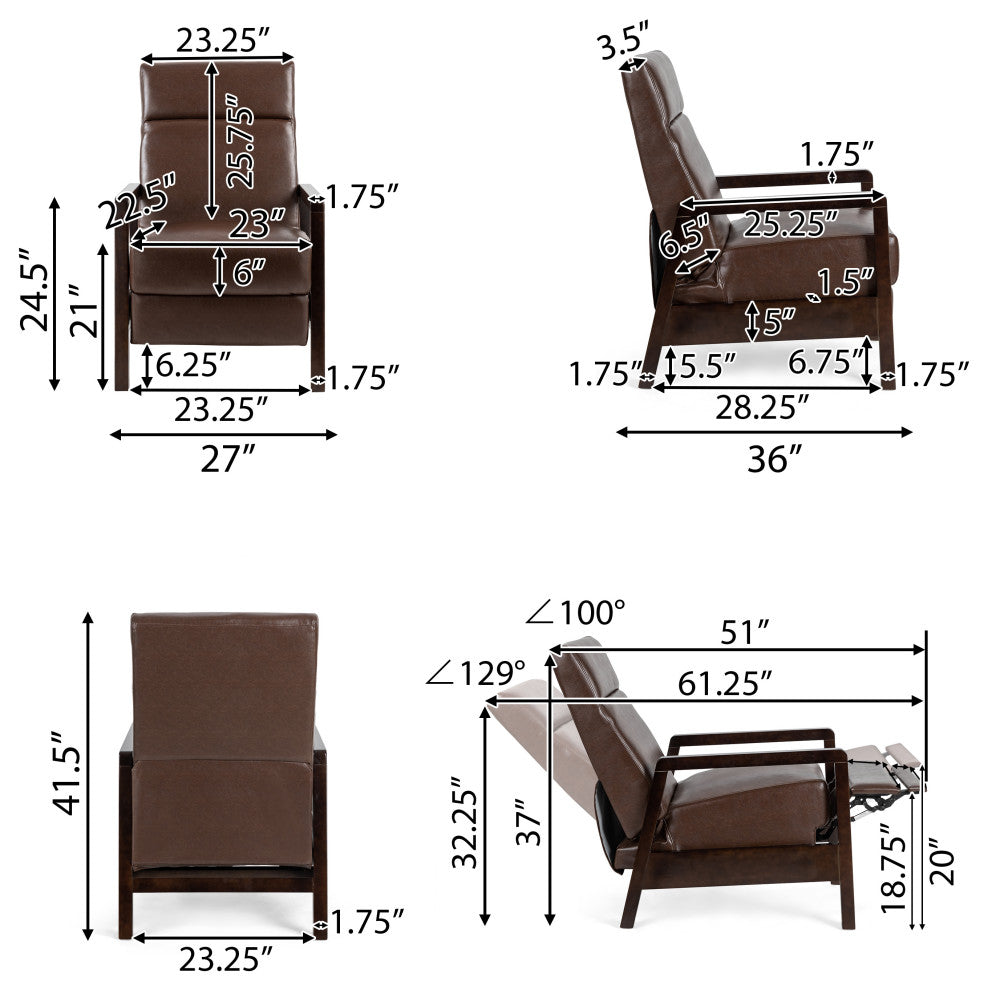 Miramichie Mid Century Modern Faux Leather Recliner, Dark Brown/Dark Espresso