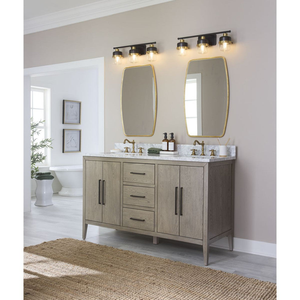 Beckner 3-Light Matte Black Clear Glass Bath Light With Vintage Brass Accents