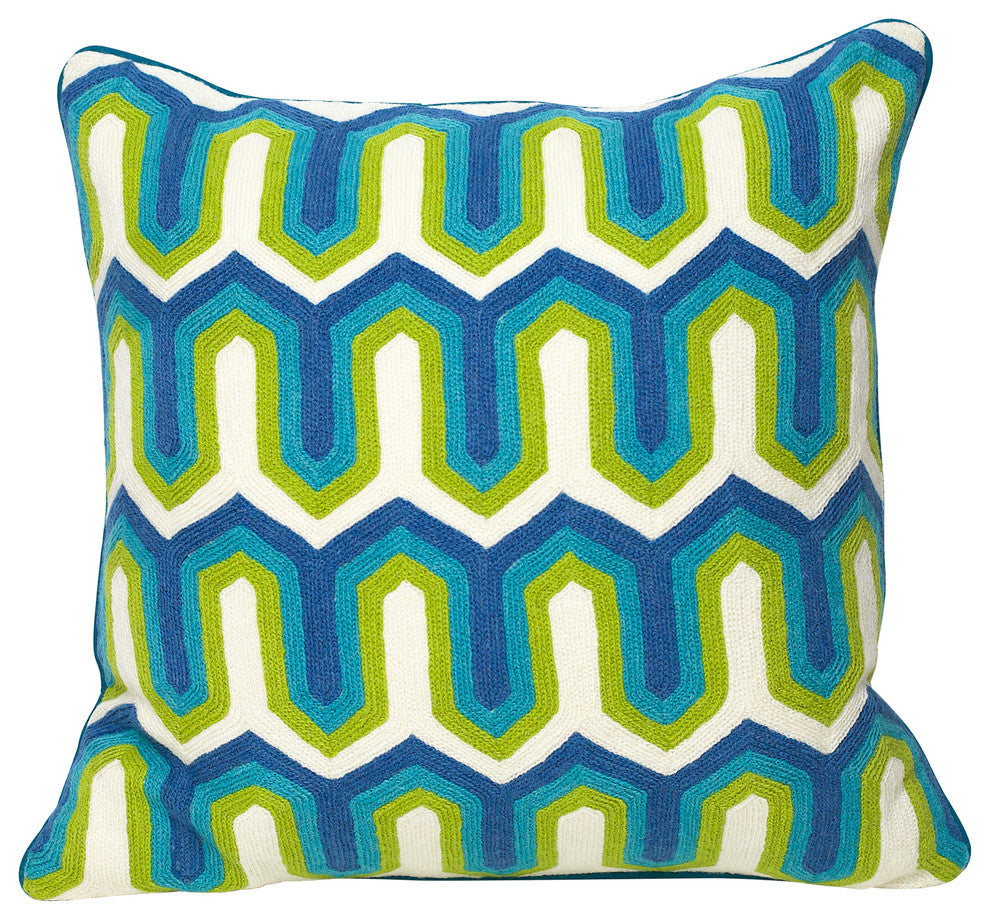 Hand-Embroidered Panaji Blue Geometric Pillow, Cover Only