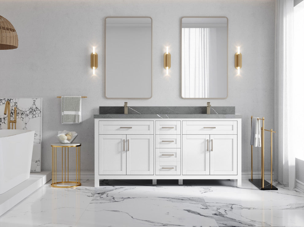 Cambridge 72 Double Sink Bath Vanity in White 2" Piatra Gray
