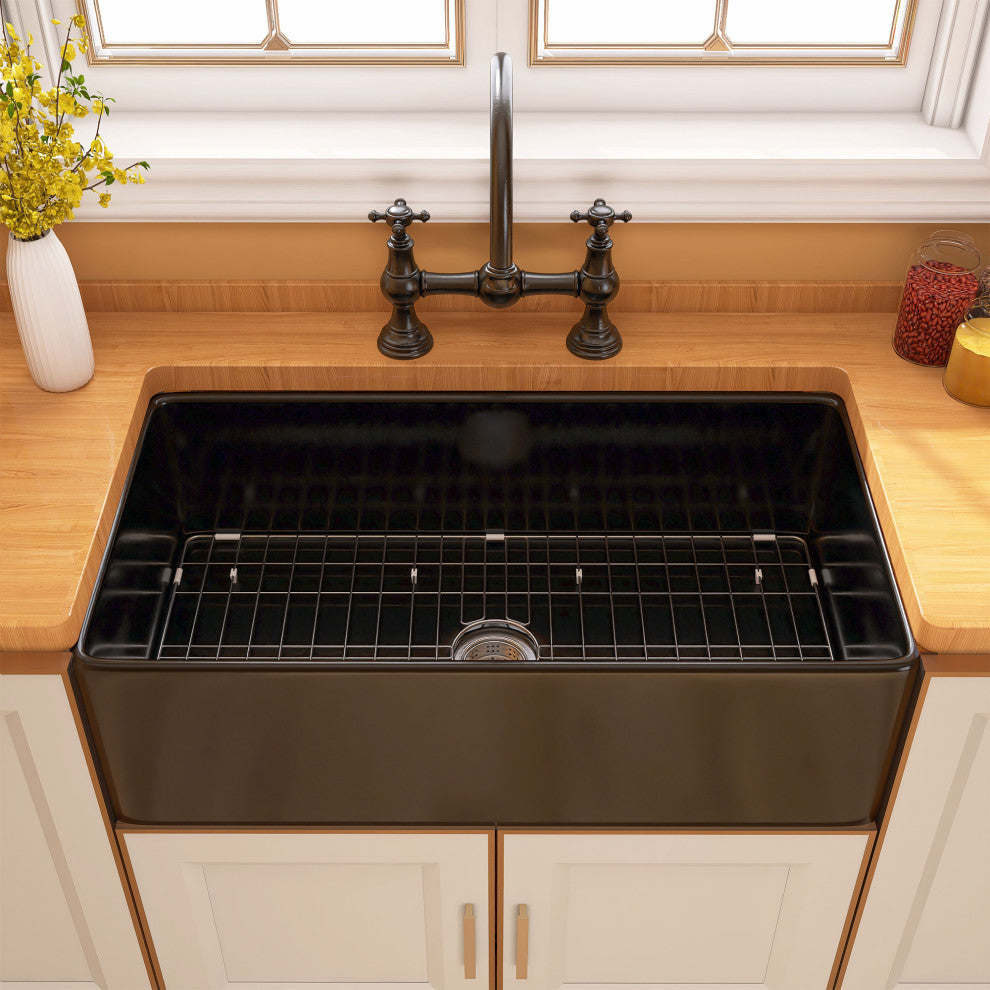 Black Fireclay 33 Inch Single Bowl Farmhouse Apron Front Kitchen Sink