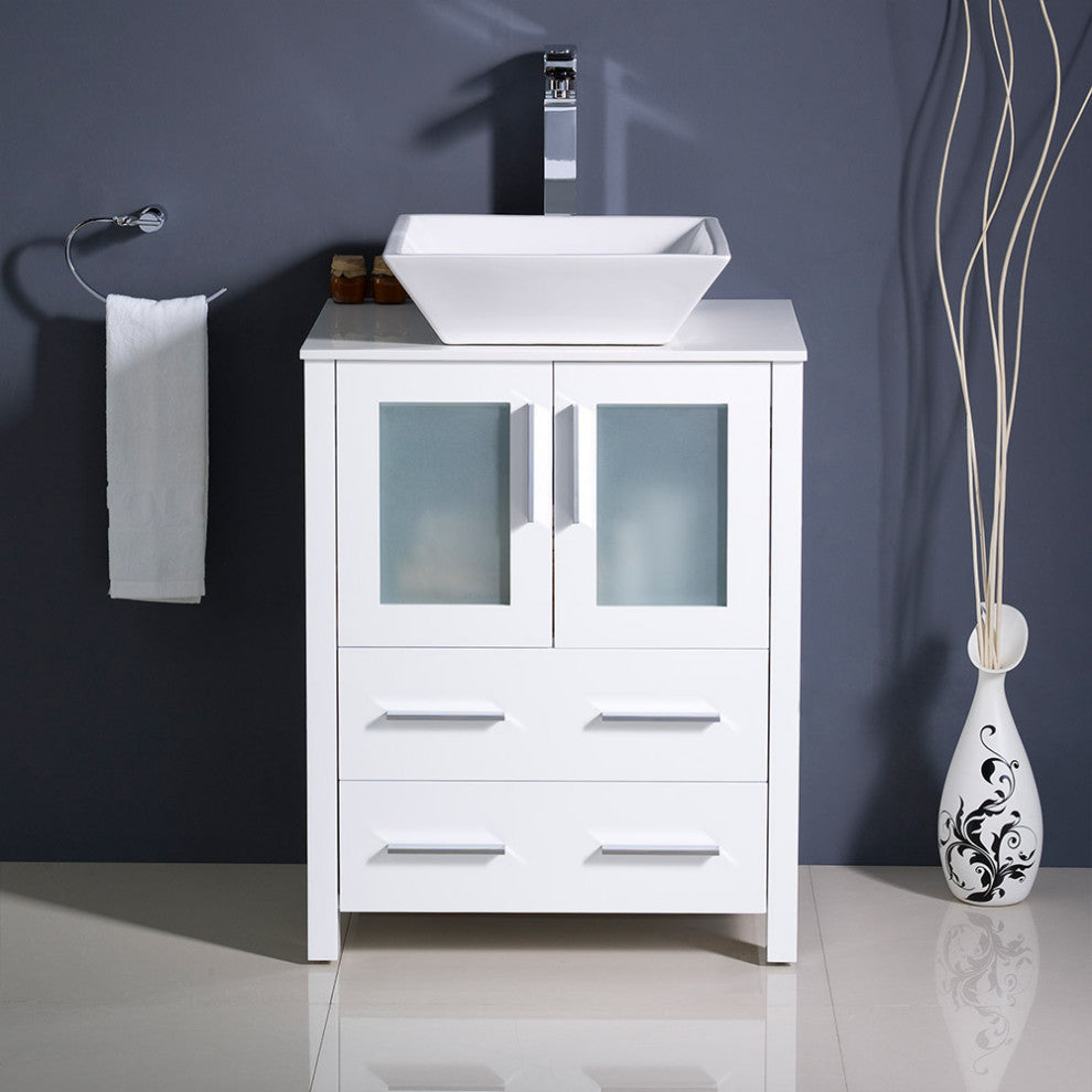 Torino 24" Bathroom Cabinet, Base: White, With Top, Vessel Sink