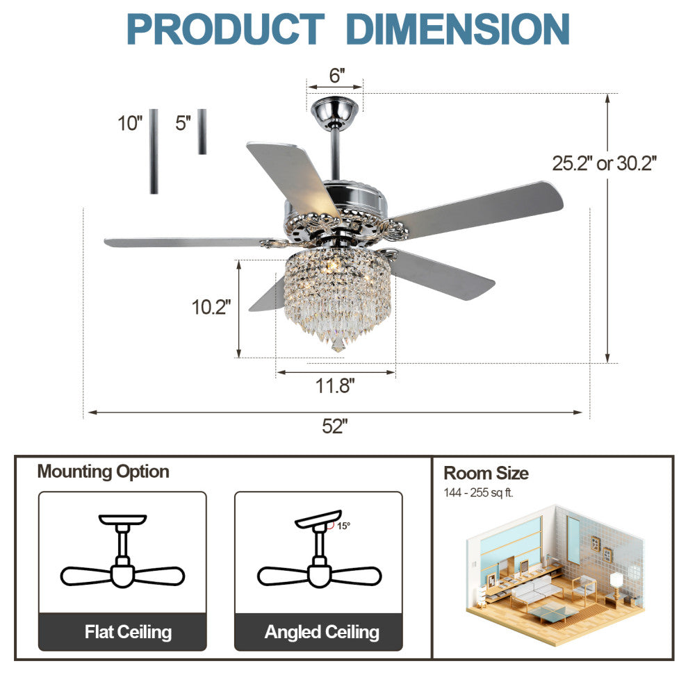 52"  Chrome Chandelier Ceiling Fan, Pull Chain Ceiling Fan with Remote Control