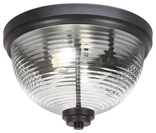 12" 2-Light Flush Mount Light, Matte Black, Clear Ribbed Glass