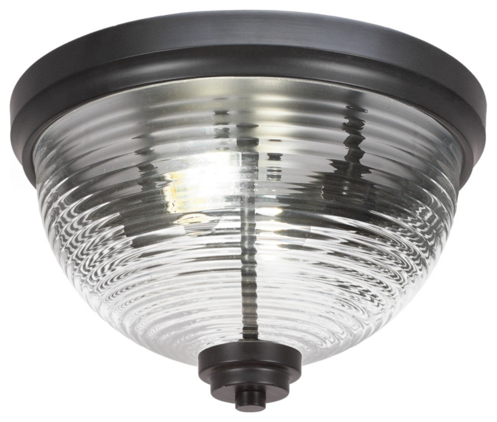 12" 2-Light Flush Mount Light, Matte Black, Clear Ribbed Glass