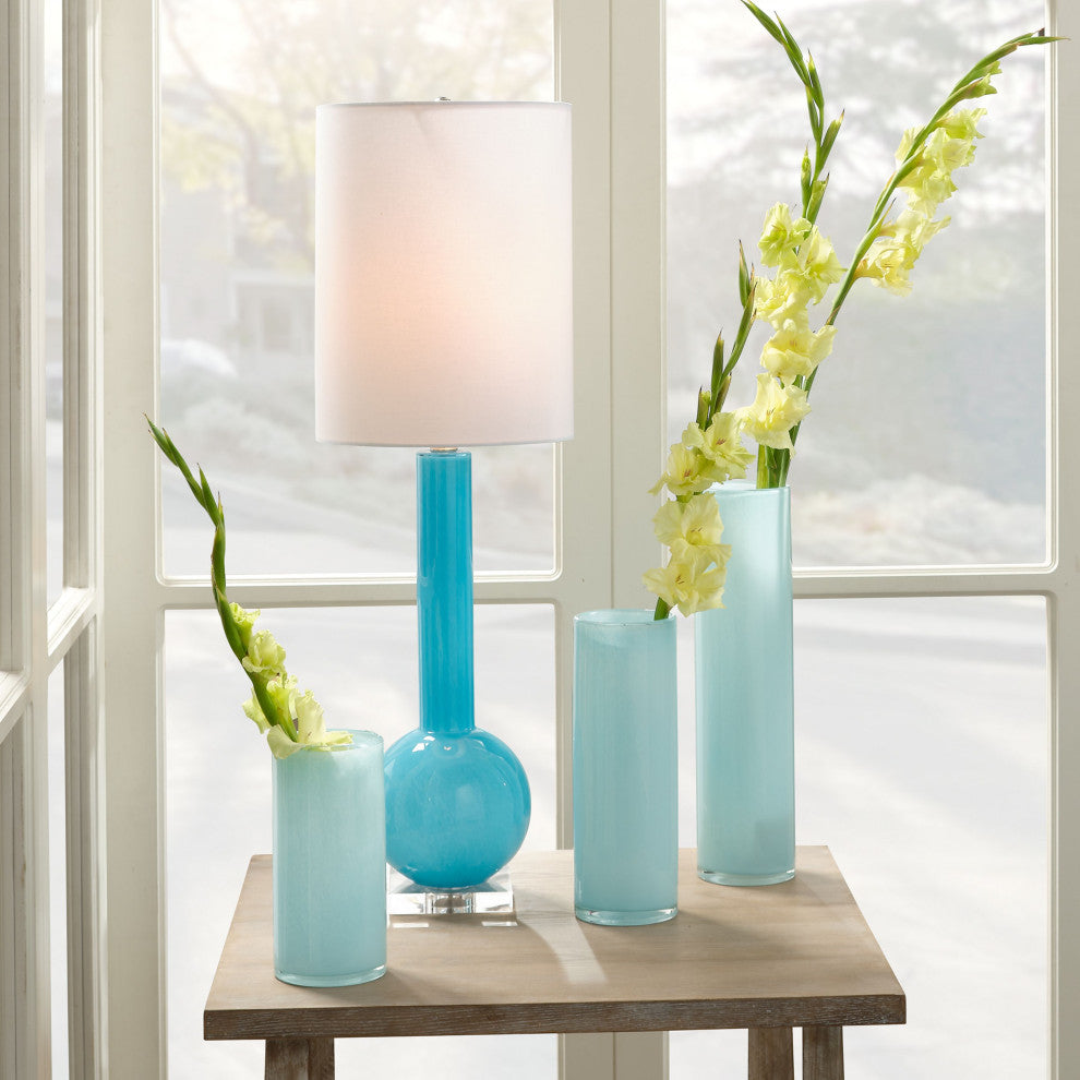 Studio Table Glass Lamp, With Tall Thin Drum Shade, Blue