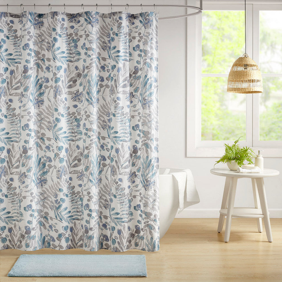 Madison Park Bonnie Printed Seersucker Shower Curtain, Blue