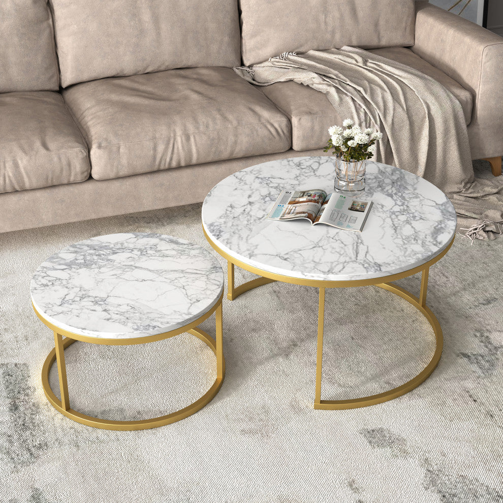 29 .5" Golden Frame Marble Color Top Round Wood Coffee Table, 2-Piece Set