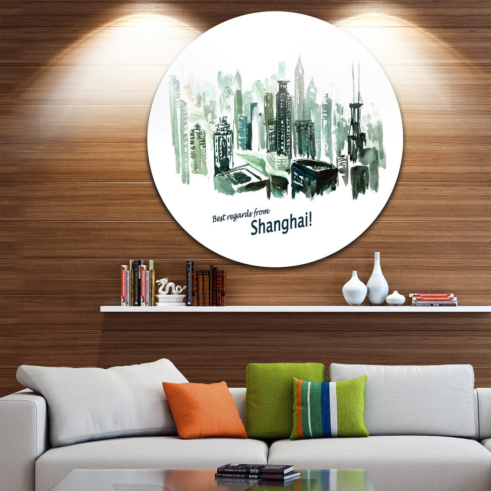 Shanghai Vector Illustration, Cityscape Round Metal Wall Art, 23"